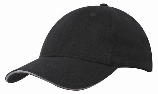 6 Panel Brush Heavy Cotton Sandwich Peak Cap - Custom Embroidered