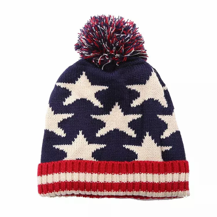 American Flag Pom Pom Beanie