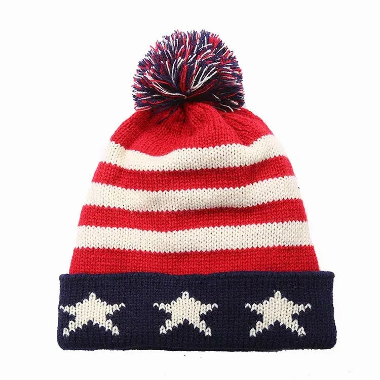 American Flag Pom Pom Beanie