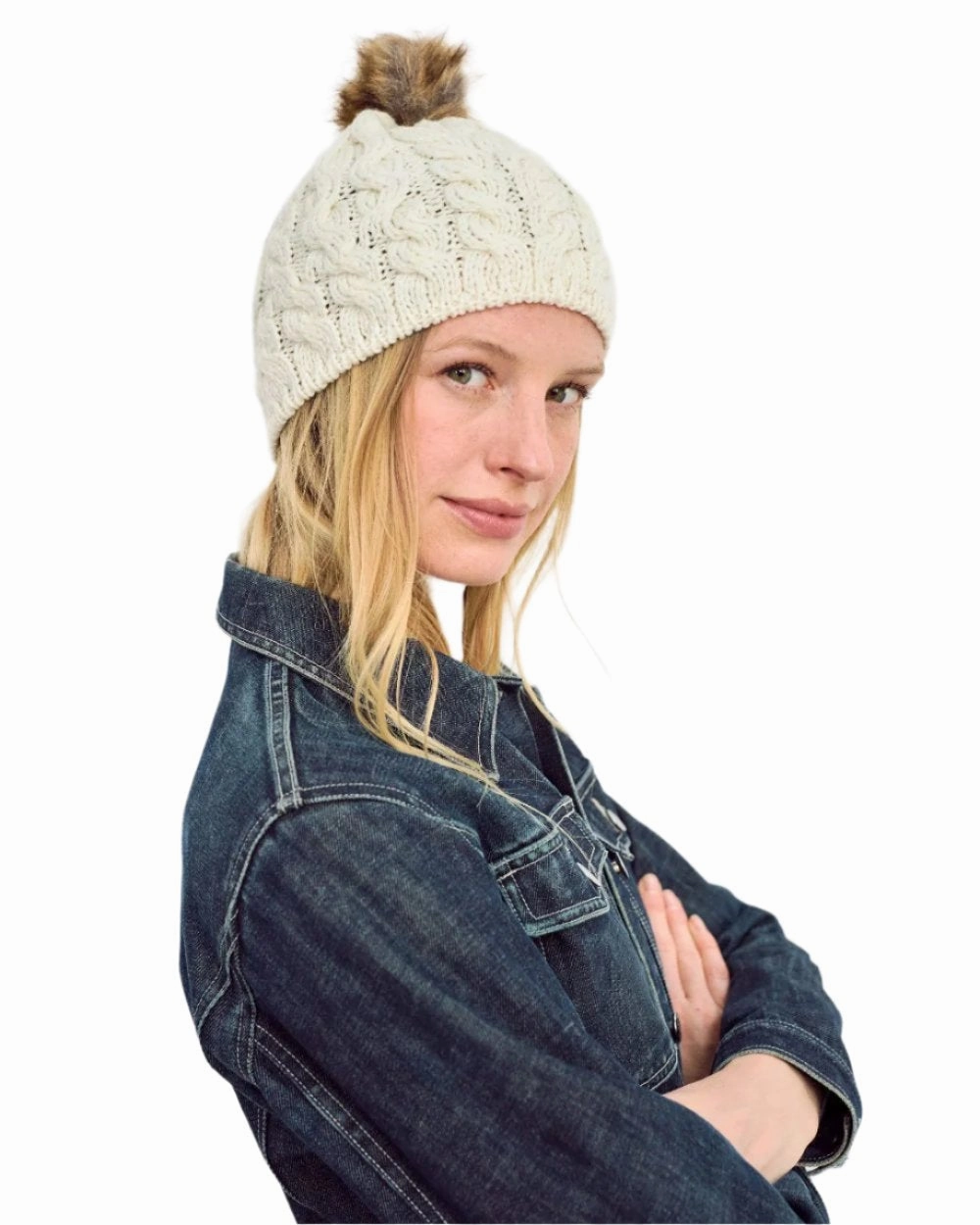Aran Knitted Faux Fur Bobble Hat