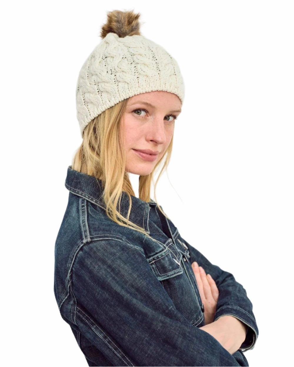 Aran Knitted Faux Fur Bobble Hat