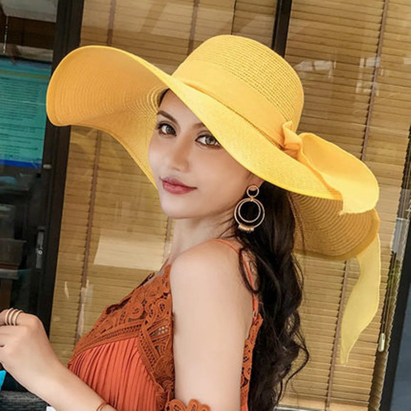 Beach Straw Hat Wide-Brim UV Protection Foldable with Bow
