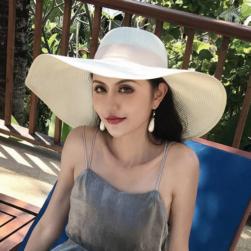 Beach Straw Hat Wide-Brim UV Protection Foldable with Bow