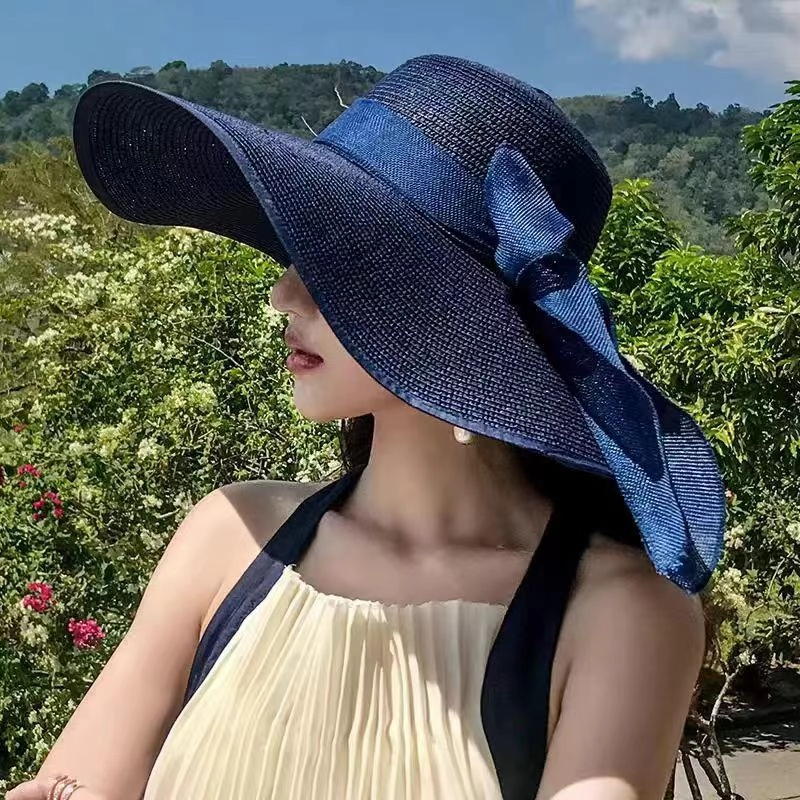 Beach Straw Hat Wide-Brim UV Protection Foldable with Bow