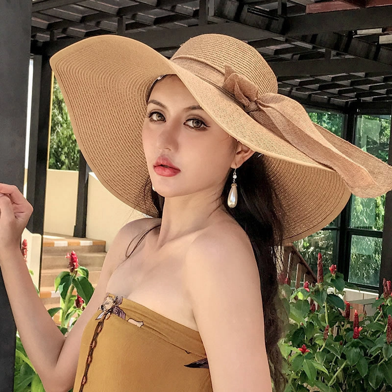 Beach Straw Hat Wide-Brim UV Protection Foldable with Bow