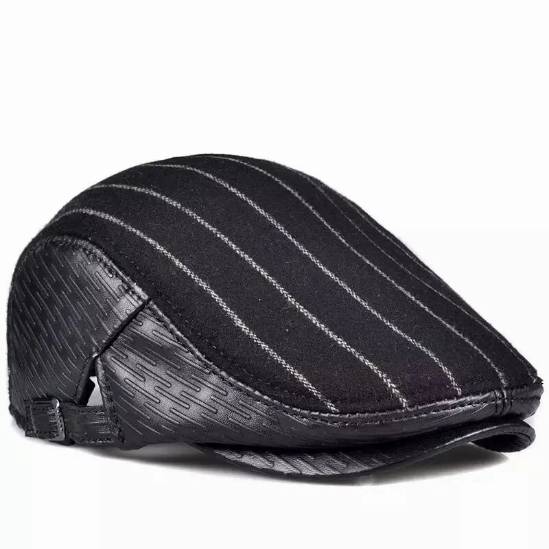 Berlin Striped Black Genuine Leather Flat Cap