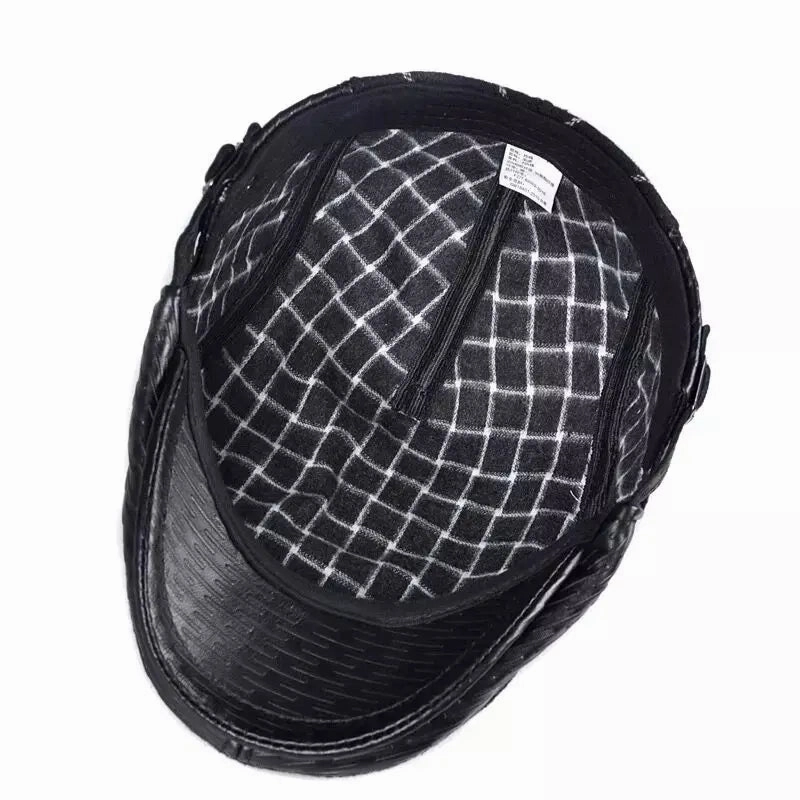 Berlin Striped Black Genuine Leather Flat Cap