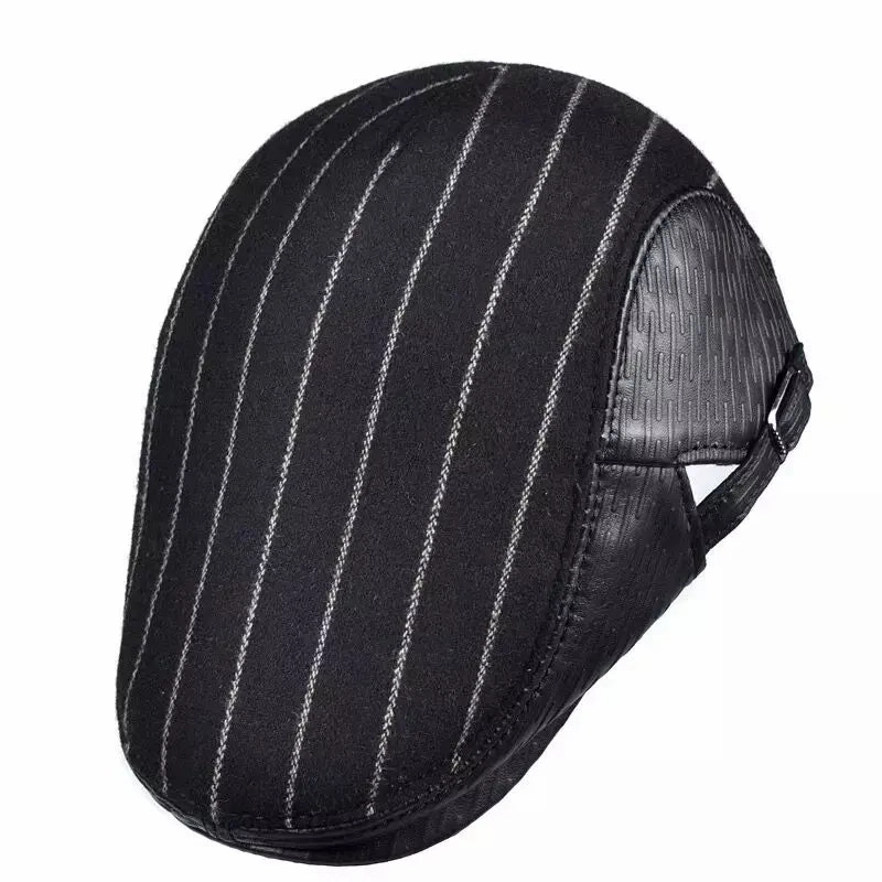 Berlin Striped Black Genuine Leather Flat Cap