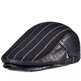 Berlin Striped Black Genuine Leather Flat Cap