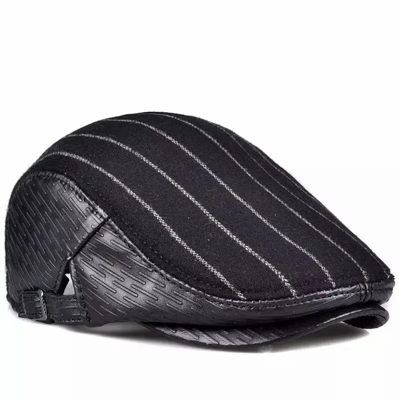 Berlin Striped Black Genuine Leather Flat Cap