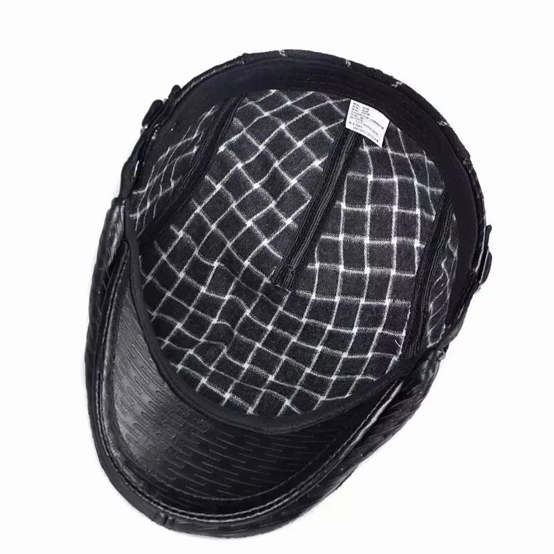 Berlin Striped Black Genuine Leather Flat Cap