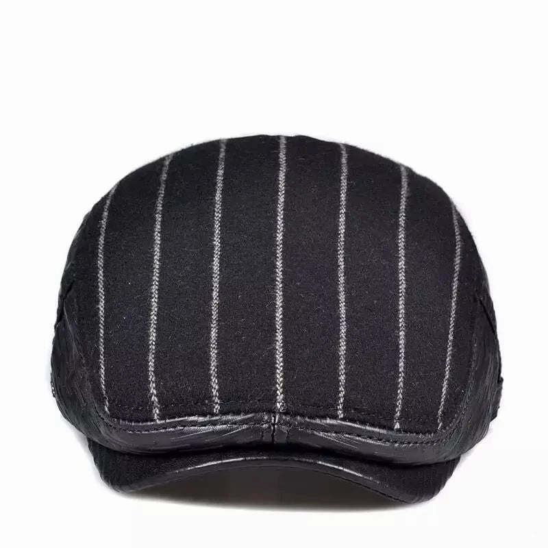 Berlin Striped Black Genuine Leather Flat Cap