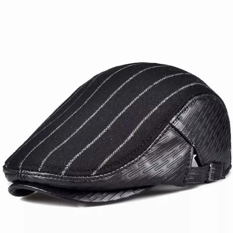 Berlin Striped Black Genuine Leather Flat Cap
