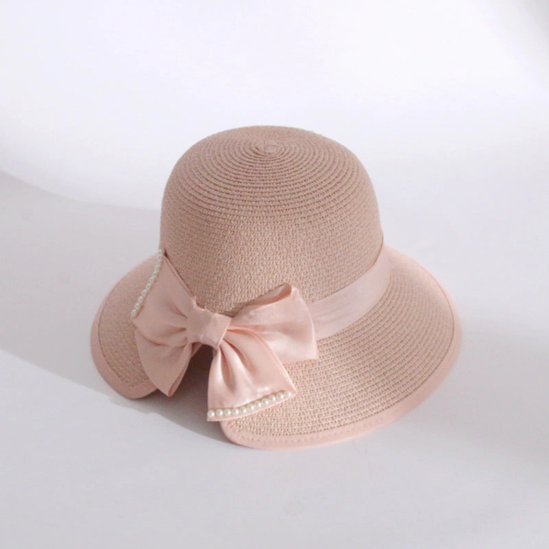 Bow Sun Hat Women Fashion Straw Korean Pearl Wide Brim UV Fisherman
