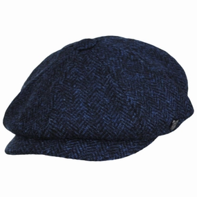 Carloway Harris Tweed Wool Herringbone Newsboy Cap - Blue