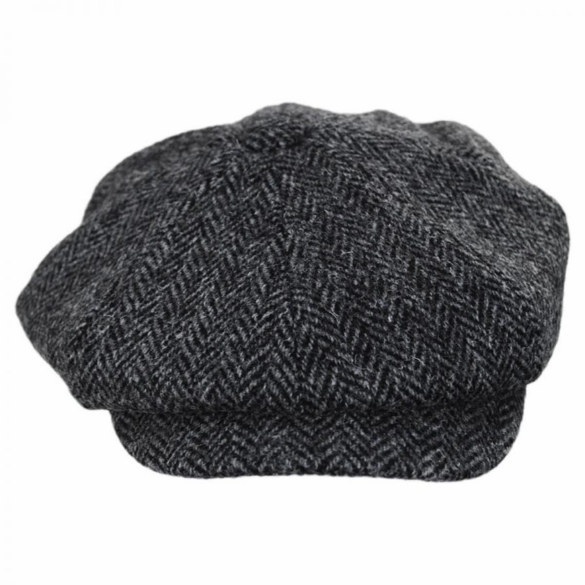 Carloway Harris Tweed Wool Herringbone Newsboy Cap - Grey