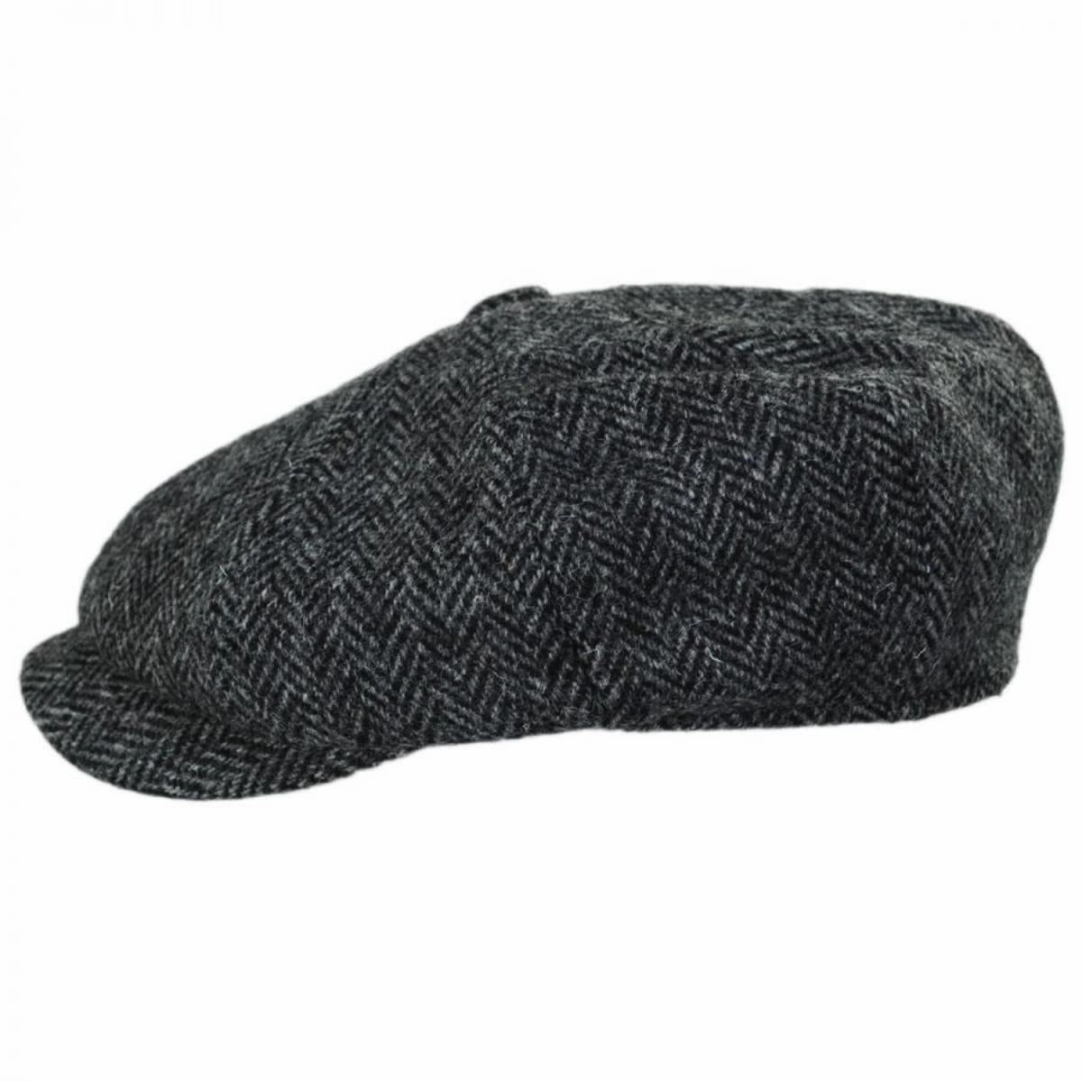 Carloway Harris Tweed Wool Herringbone Newsboy Cap - Grey