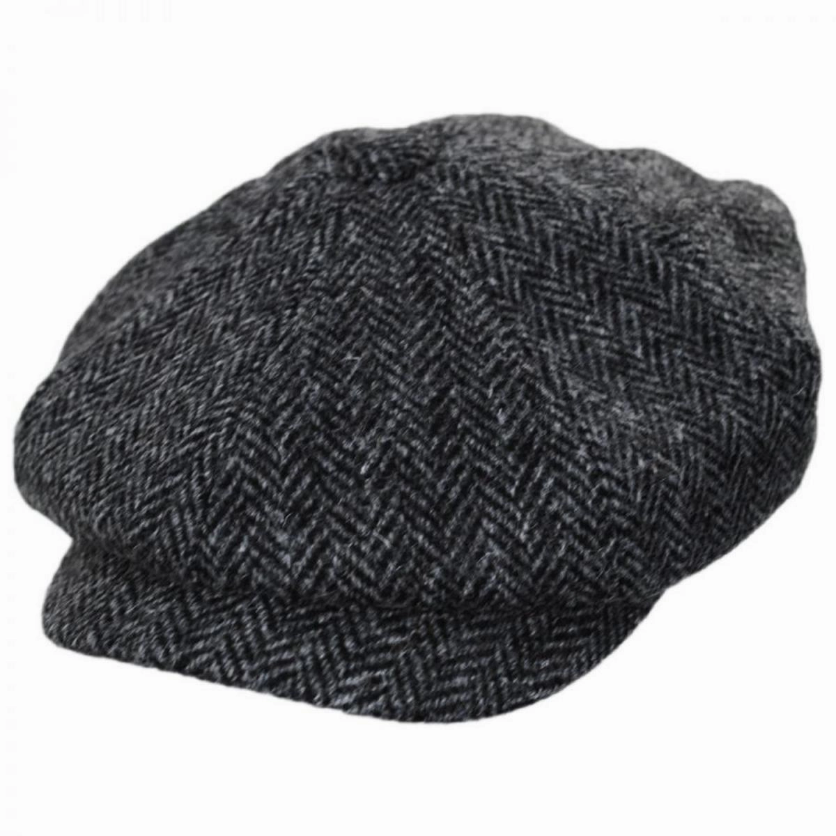Carloway Harris Tweed Wool Herringbone Newsboy Cap - Grey