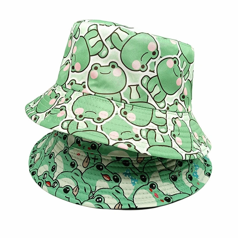 Cartoon Frogs Print Reversible Bucket Hat