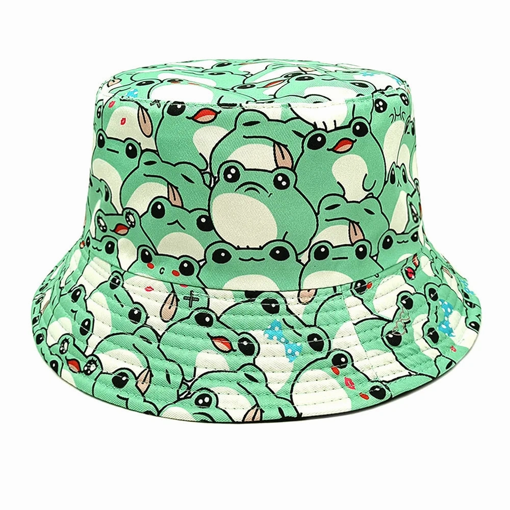Cartoon Frogs Print Reversible Bucket Hat