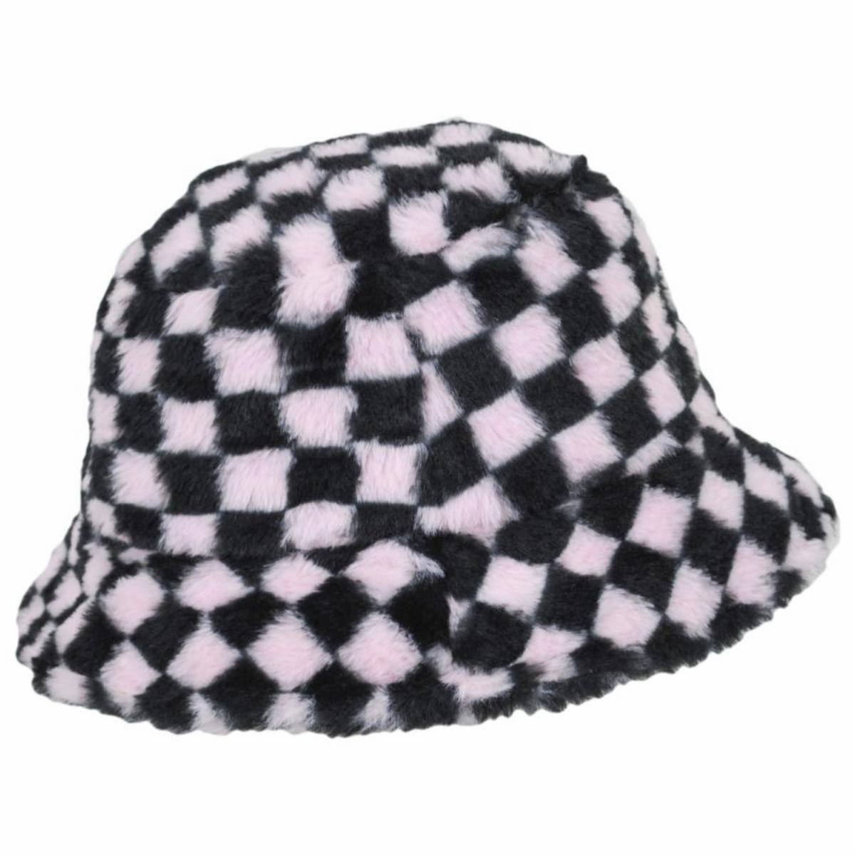 Checkerboard Faux Fur Bucket Hat