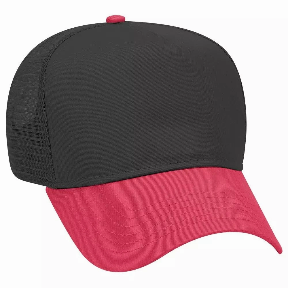 Cotton Blend Twill Five Panel Mid Profile Style Mesh Back Trucker Hat