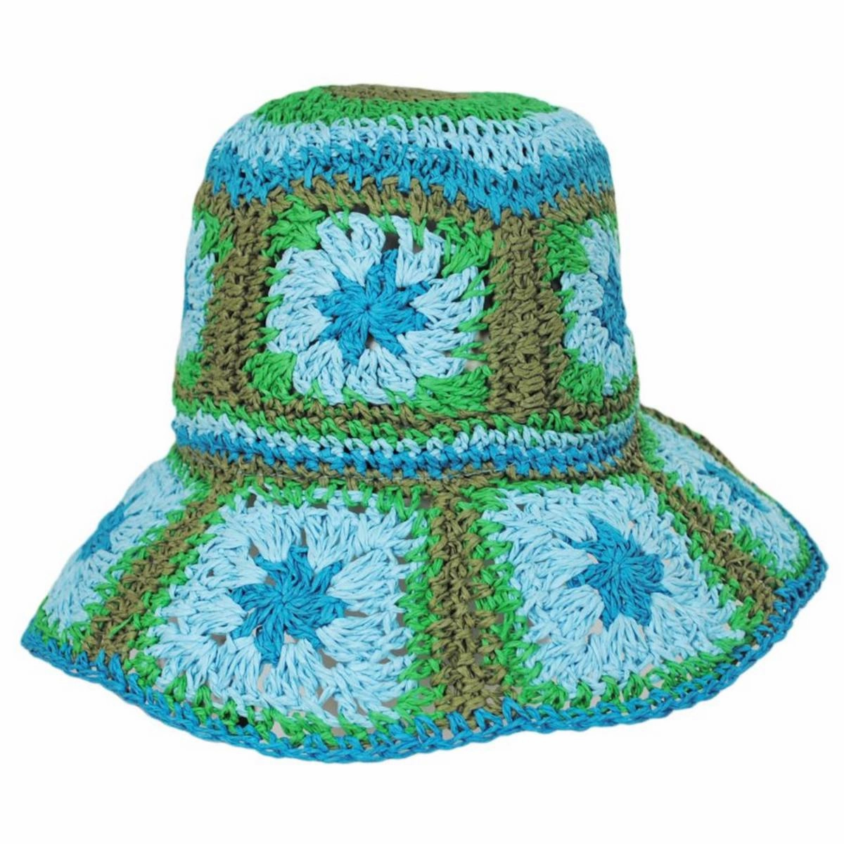 Fergie Granny Square Hand Crochet Toyo Straw Bucket Hat