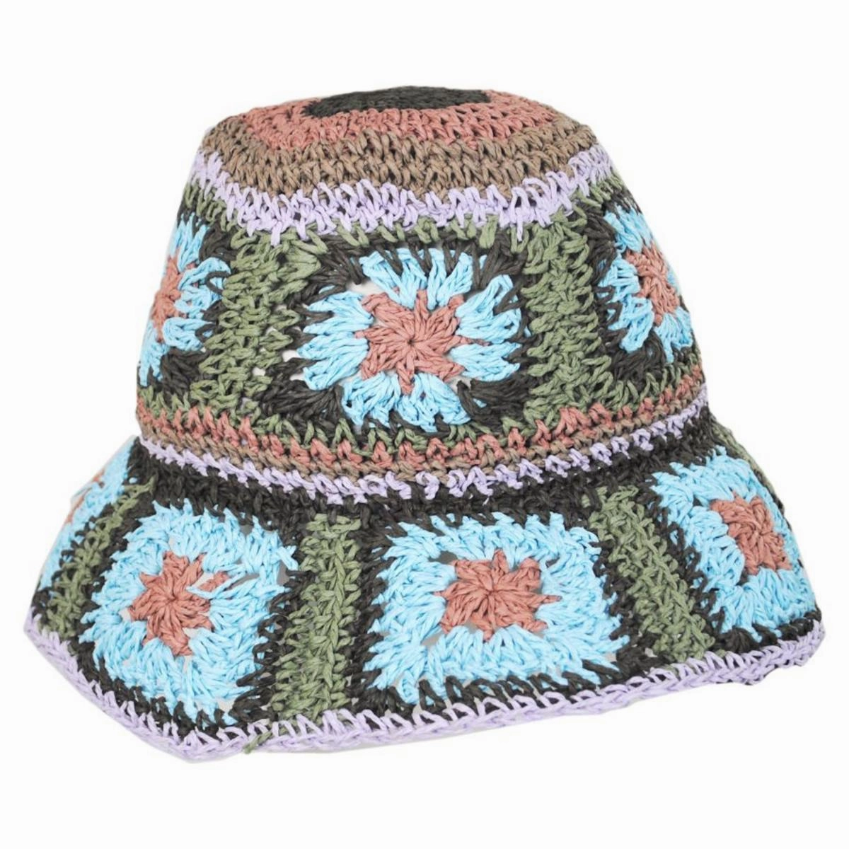 Fergie Granny Square Hand Crochet Toyo Straw Bucket Hat