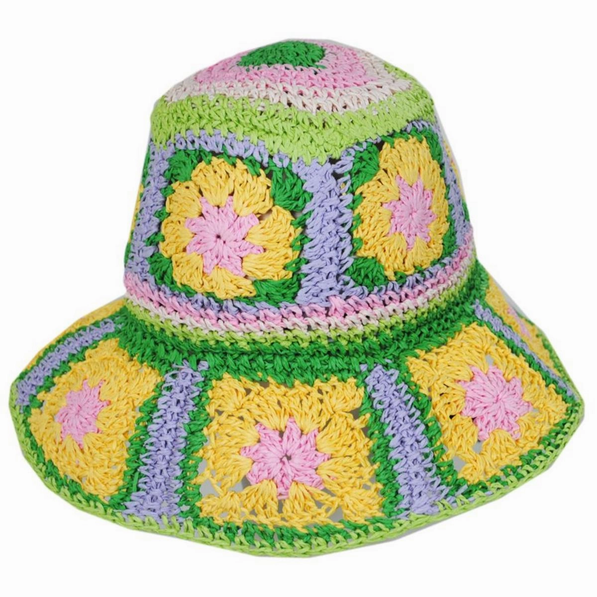 Fergie Granny Square Hand Crochet Toyo Straw Bucket Hat