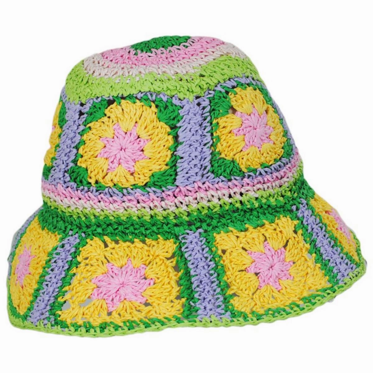 Fergie Granny Square Hand Crochet Toyo Straw Bucket Hat