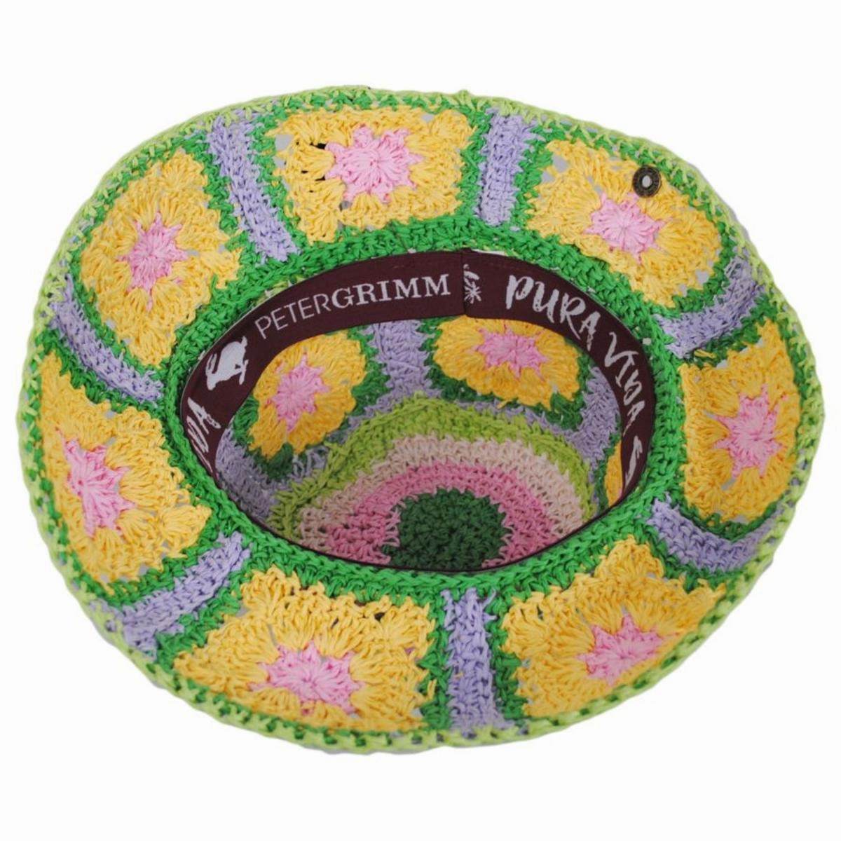 Fergie Granny Square Hand Crochet Toyo Straw Bucket Hat