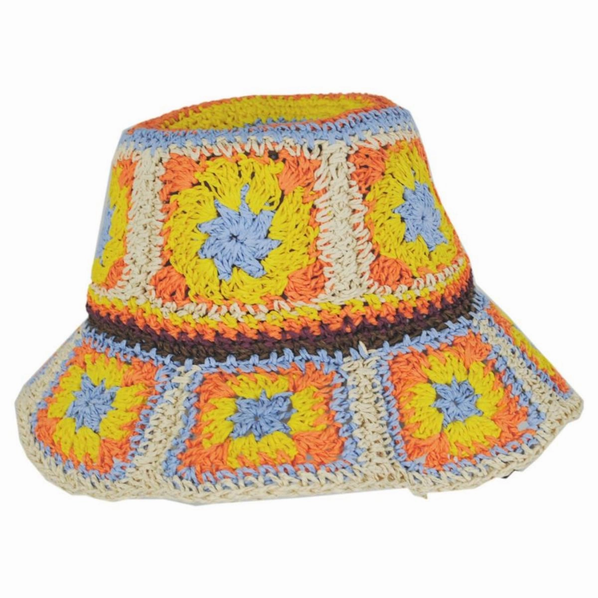 Fergie Granny Square Hand Crochet Toyo Straw Bucket Hat