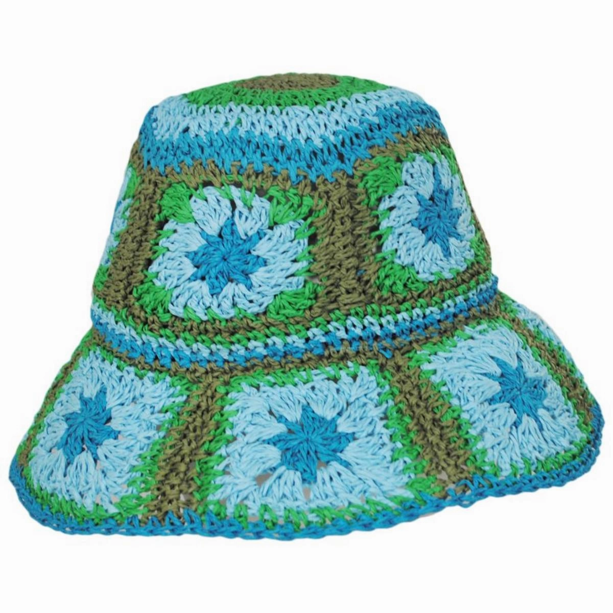 Fergie Granny Square Hand Crochet Toyo Straw Bucket Hat