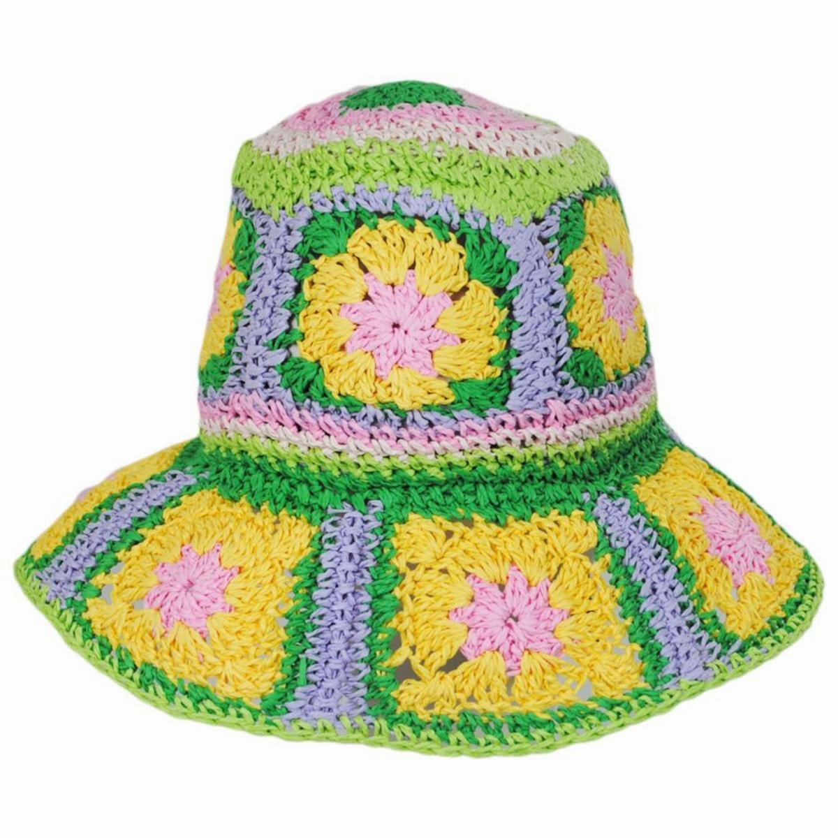 Fergie Granny Square Hand Crochet Toyo Straw Bucket Hat