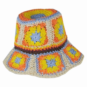 Fergie Granny Square Hand Crochet Toyo Straw Bucket Hat