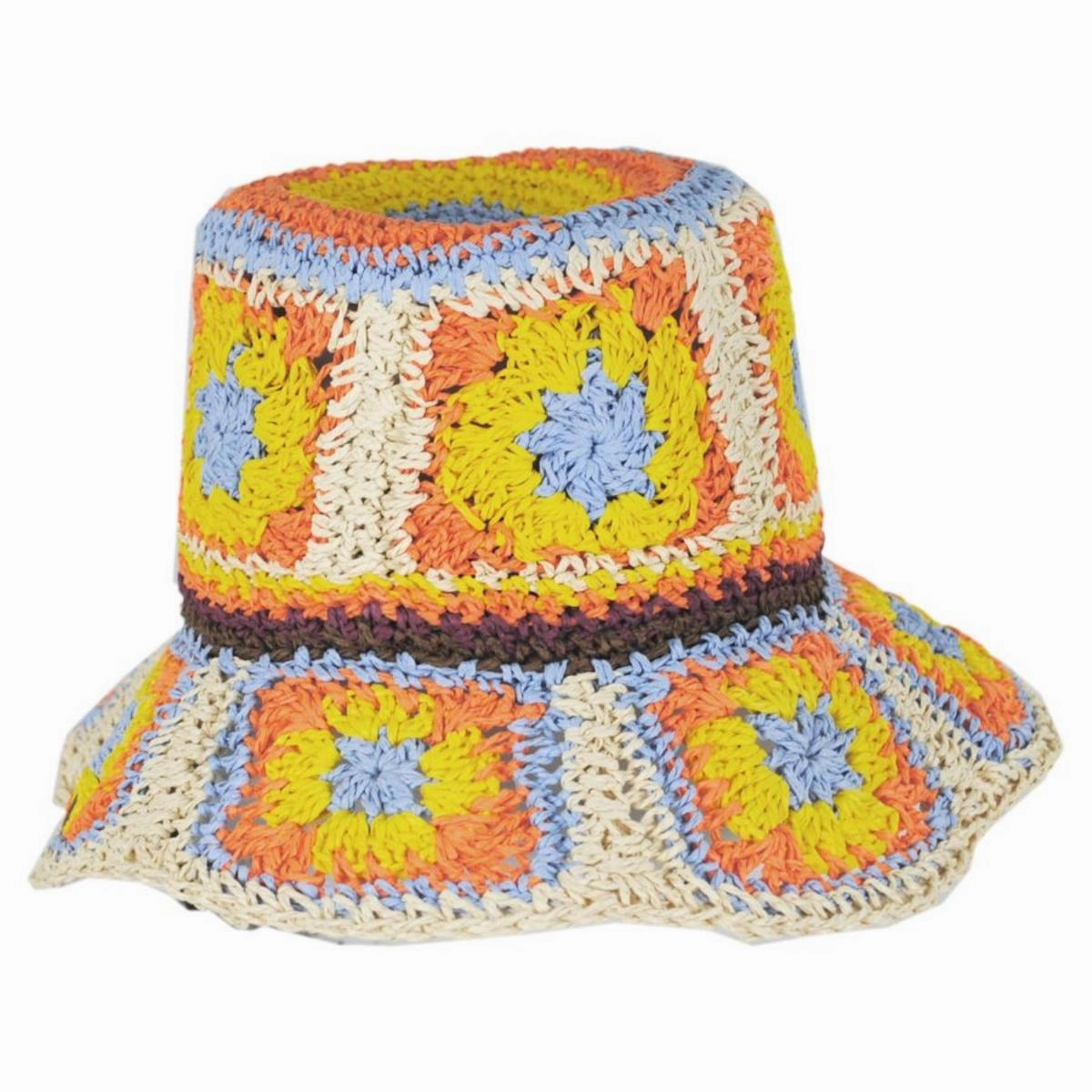 Fergie Granny Square Hand Crochet Toyo Straw Bucket Hat