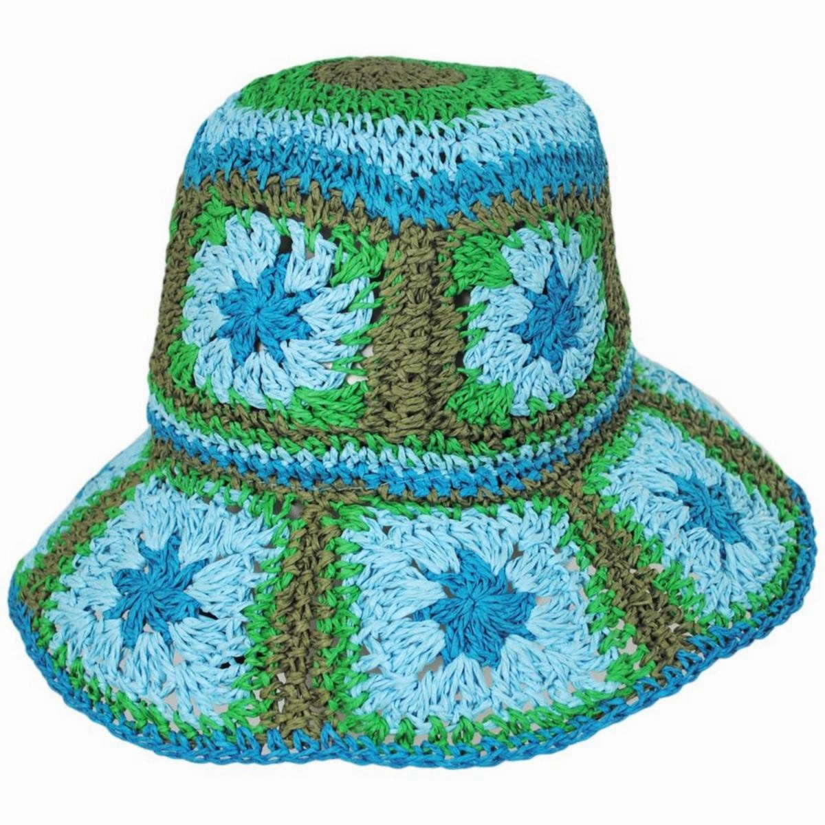Fergie Granny Square Hand Crochet Toyo Straw Bucket Hat