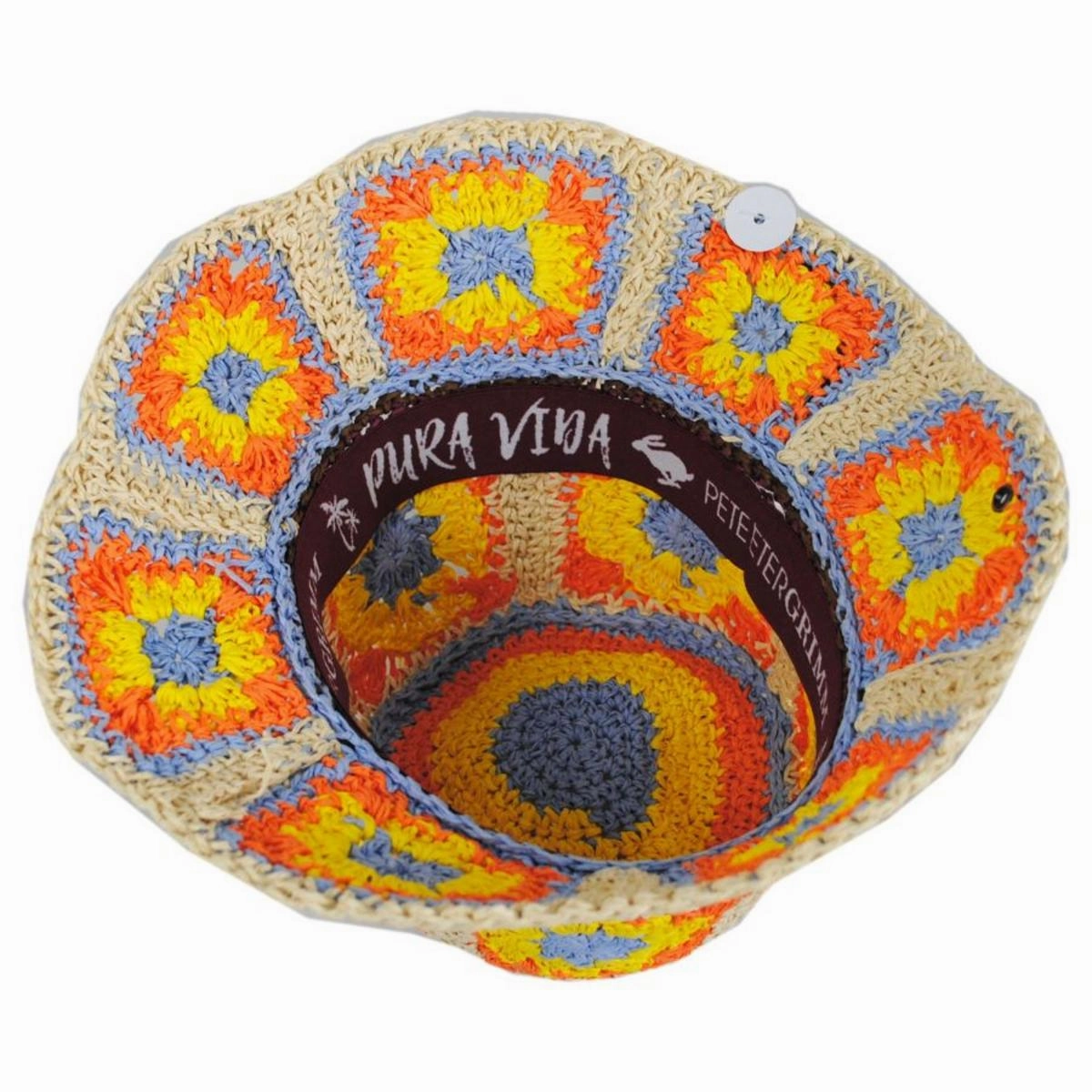 Fergie Granny Square Hand Crochet Toyo Straw Bucket Hat