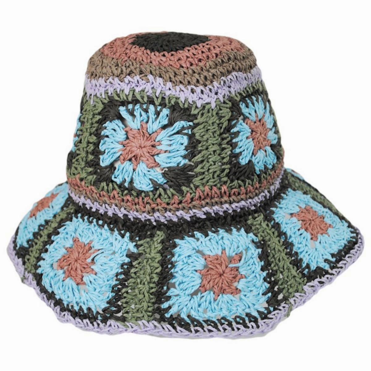 Fergie Granny Square Hand Crochet Toyo Straw Bucket Hat