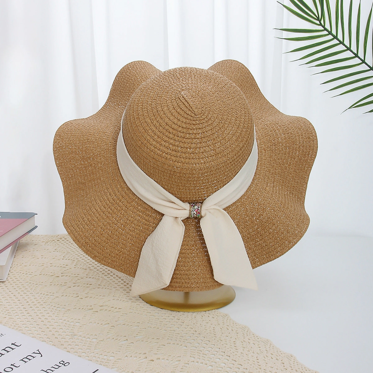 Floral Wave-Edge Straw Hat Women Summer French Beach Wide-Brim Sun Hat
