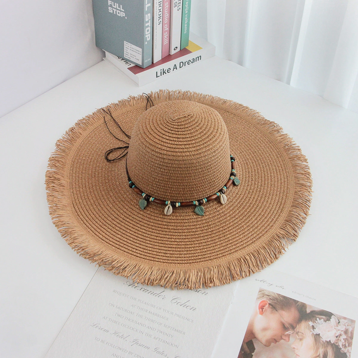Fringe Hat Wide Brim Export Sun Outdoor Beach Vacation Handwoven