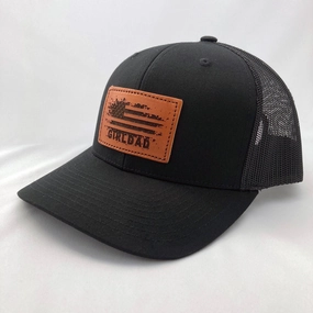 Girldad? Black/Black  USA Distressed Flag Teak Leather Patch Trucker Hat