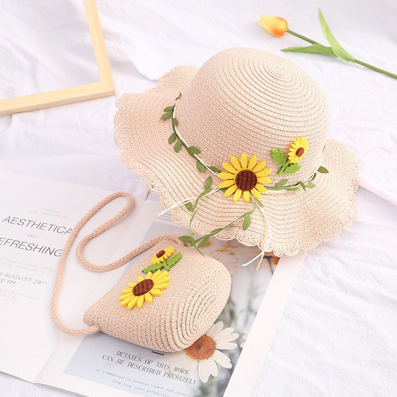 Girls' Beach Princess Hat Floral Straw Bag Set Sun Summer Cool