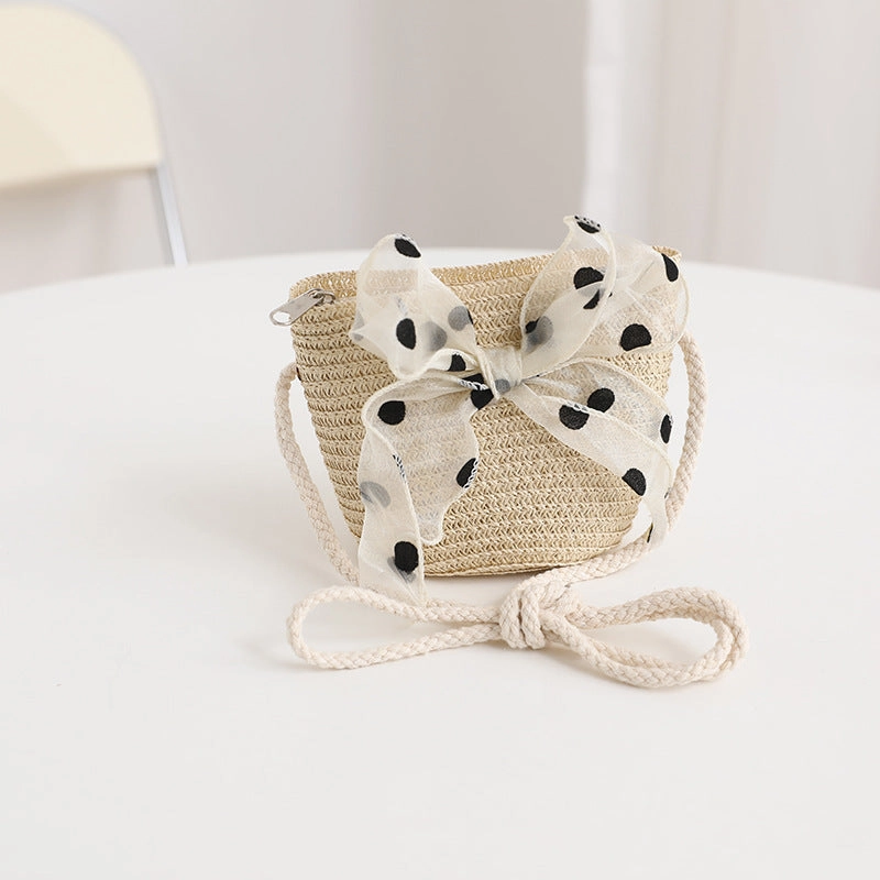 Girls' Polka Dot Bow Kids Bag Straw Beach Sun Hat