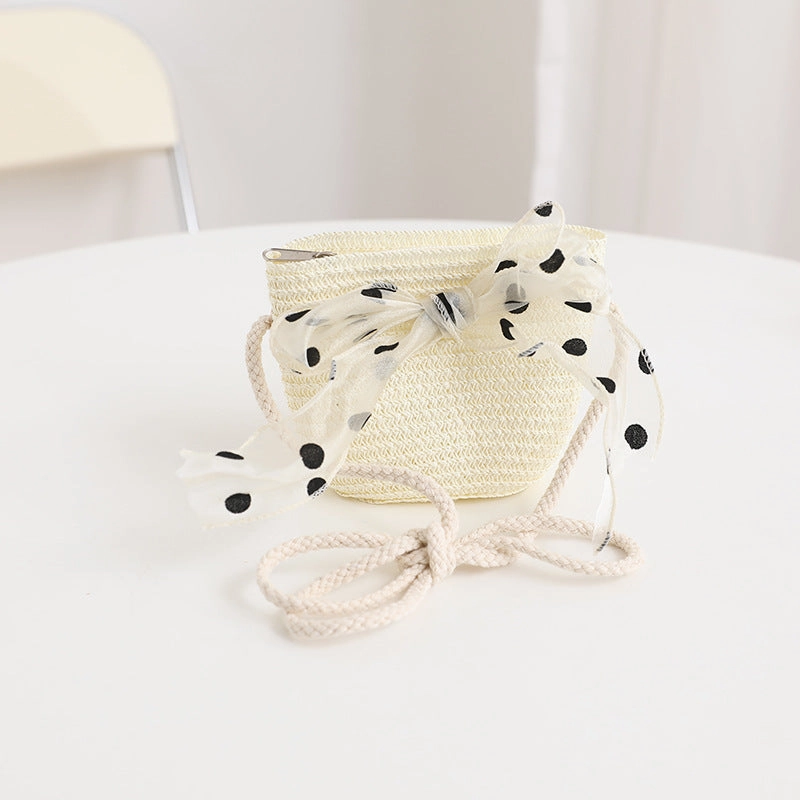 Girls' Polka Dot Bow Kids Bag Straw Beach Sun Hat