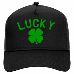 Green Lucky Clover St Patricks Day Retro Adult 5 Panel Mesh Trucker Hat