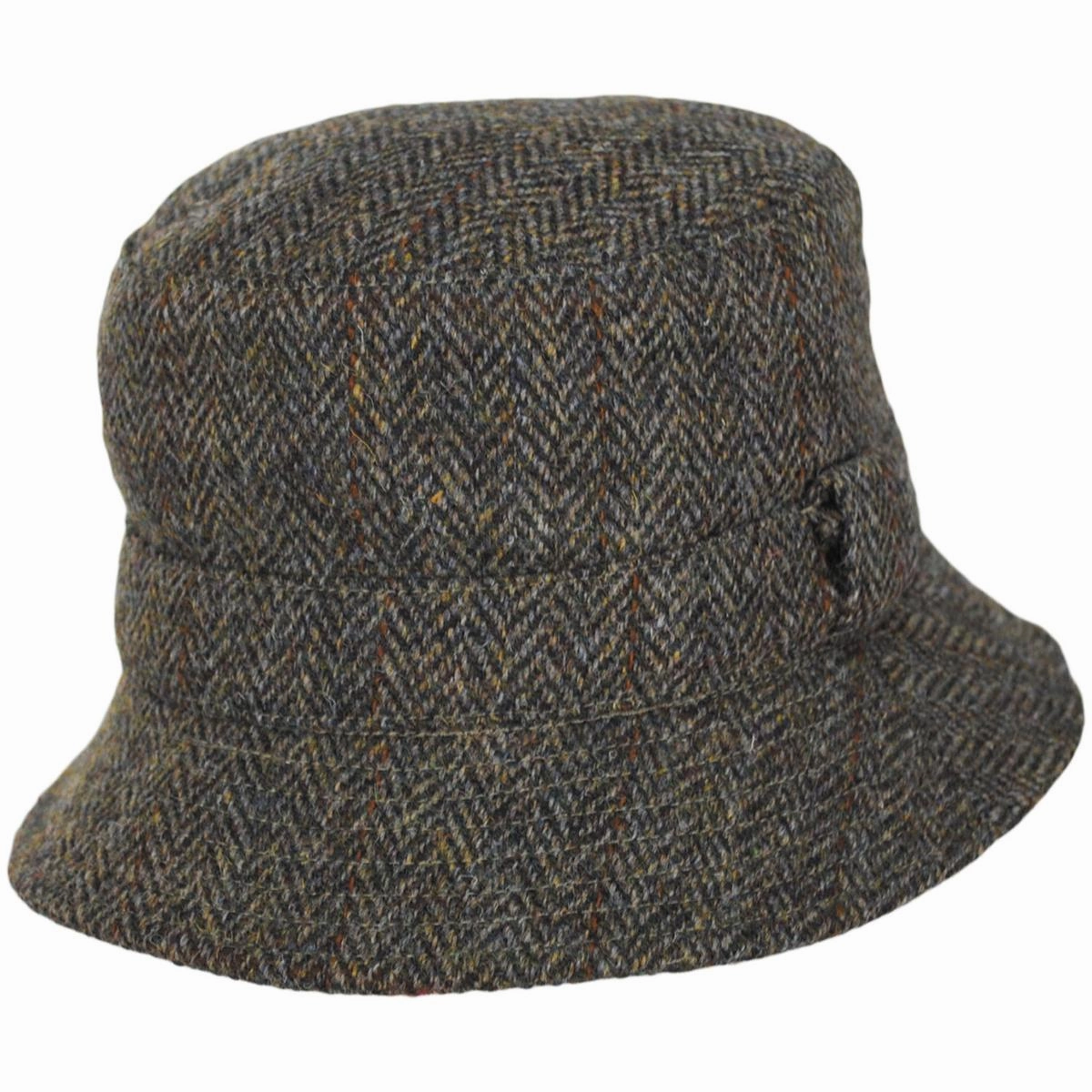Grouse Harris Tweed Wool Overcheck Herringbone Bucket Hat