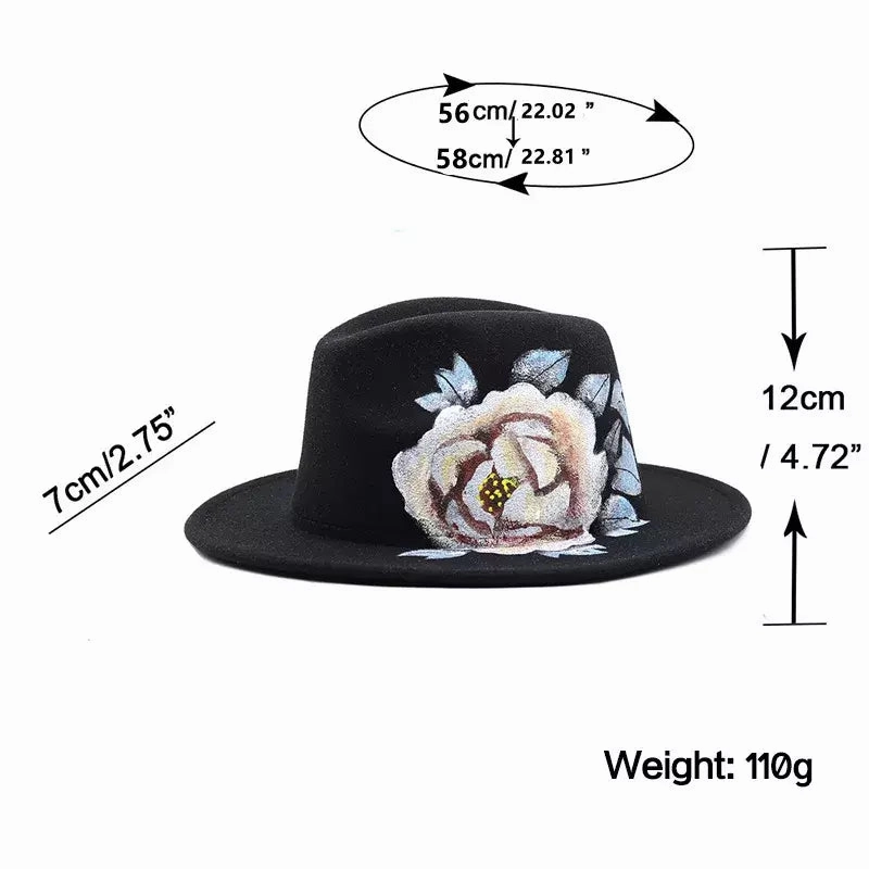 Hand Painted Rose Black Fedora Hat
