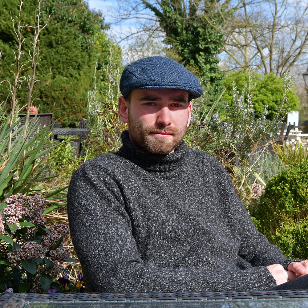 HARRIS TWEED Herringbone Ardmore Flat Cap - Blue-Black