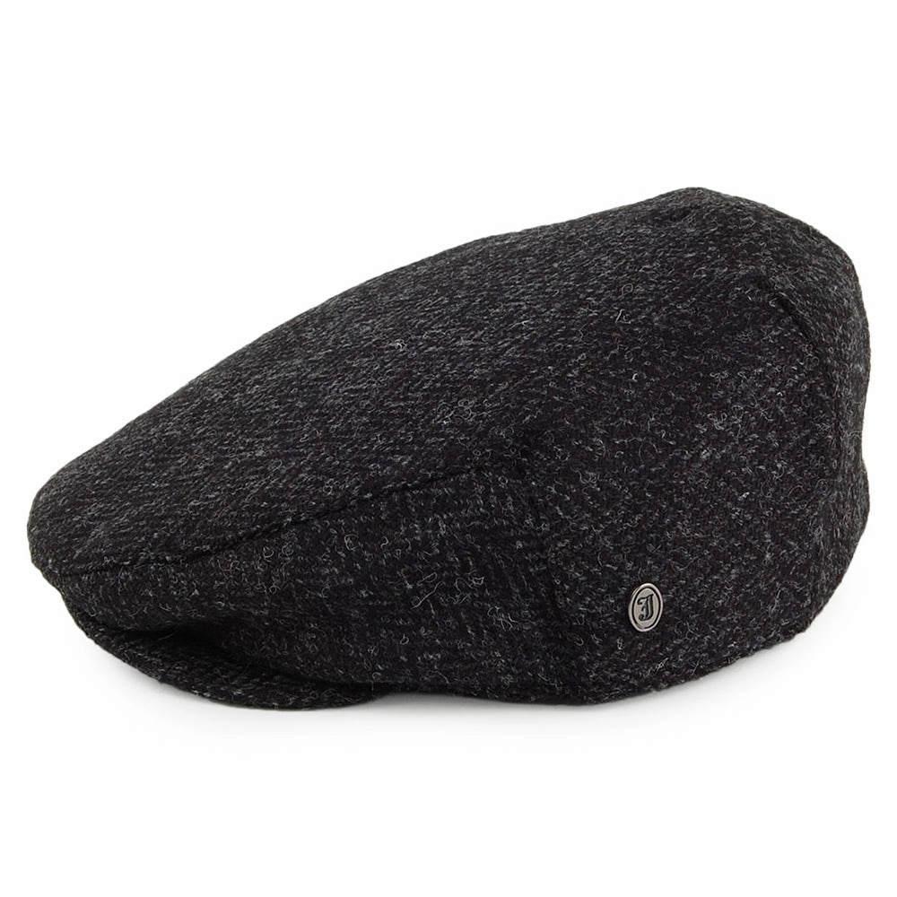 HARRIS TWEED Herringbone Dunvegan Flat Cap - Black-Charcoal